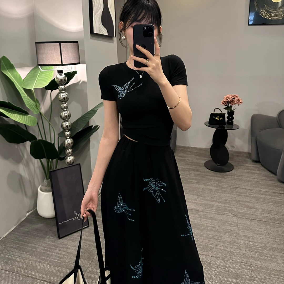 【Gouya】法式富家千金名媛风蓝色蝴蝶圆领套装女春秋夏伞裙套装女