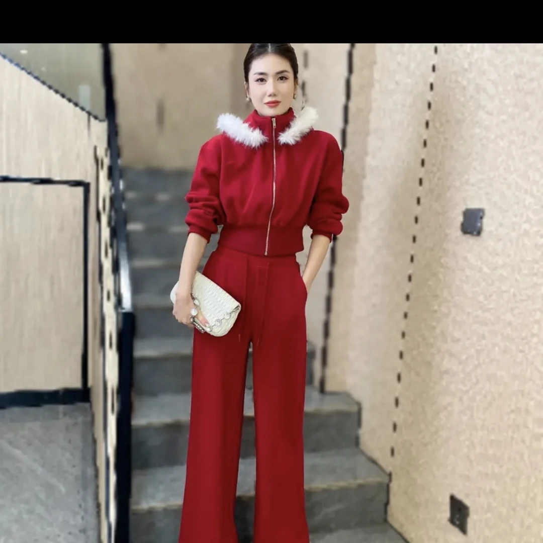 休闲运动套装显瘦修身冬季礼服连帽女士连体网红秋冬运动加厚款