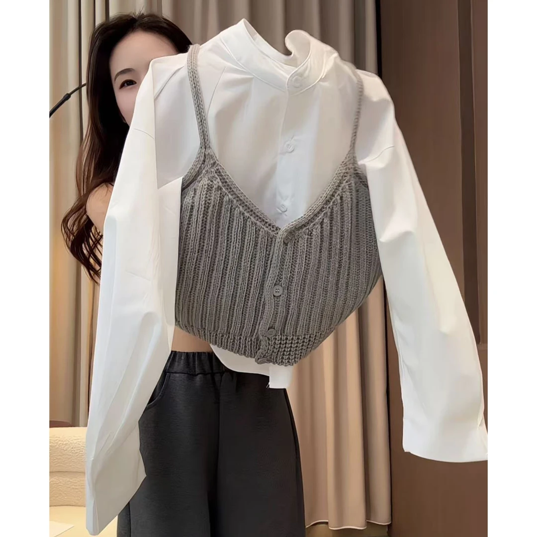 今年流行穿搭2025早秋新款温柔风衬衫毛针织衫吊带外穿上衣两件套