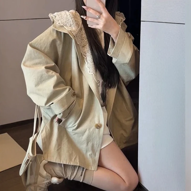 欧洲站2025春秋欧货英伦风别致甜酷蕾丝双层帽中长风衣新款外套