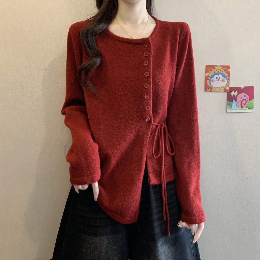 大码女装胖mm本命年新年红色毛衣外套秋冬季新款慵懒洋气针织上衣
