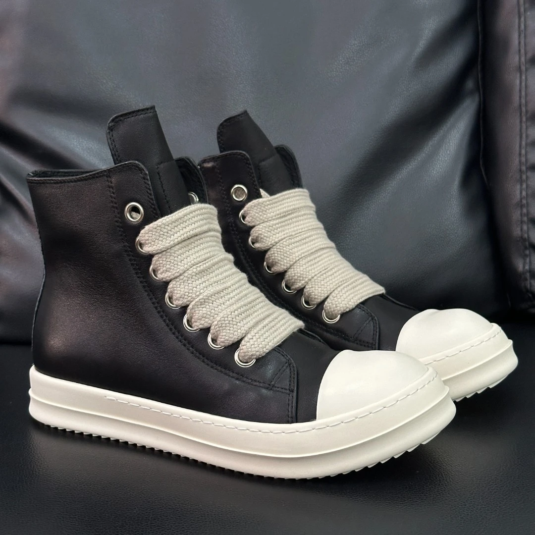 ro真皮高帮鞋男女鞋粗鞋带皮面黑色百搭厚底增高休闲板鞋情侣潮鞋