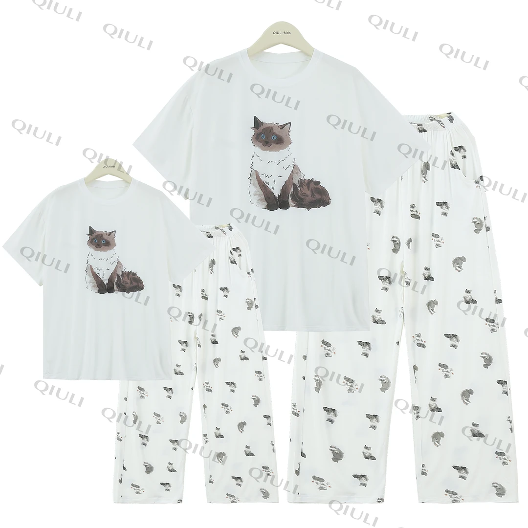 【QIULI】夏季“招财猫猫”兰精莫代尔卡通系列亲子款宽松家居服套装