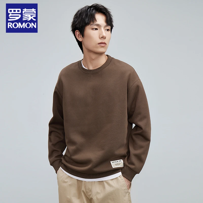 罗蒙男士上衣2025春季新款宽松百搭男生圆领长袖纯色潮流卫衣男生