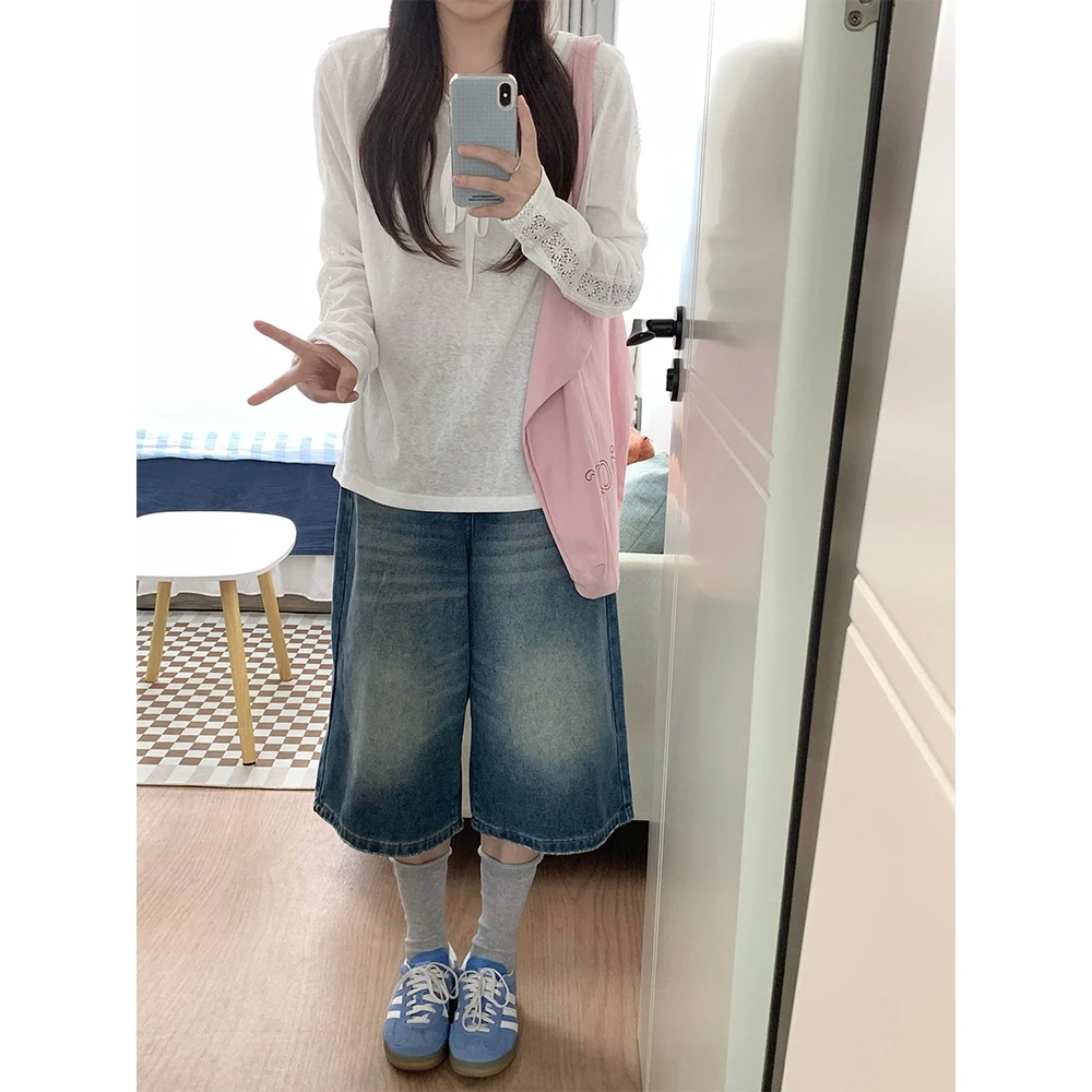 韩版简约慵懒风袖子侧边镂空花纹长袖T恤女秋设计感宽松圆领上衣