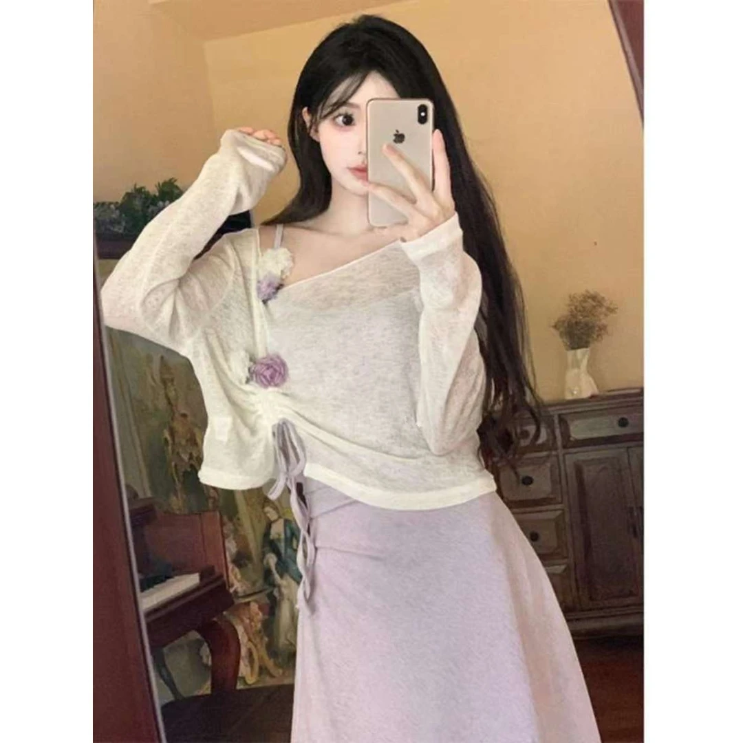 法式甜美风吊带连衣裙套装女早秋设计感抽绳防晒罩衫洋气减龄长裙