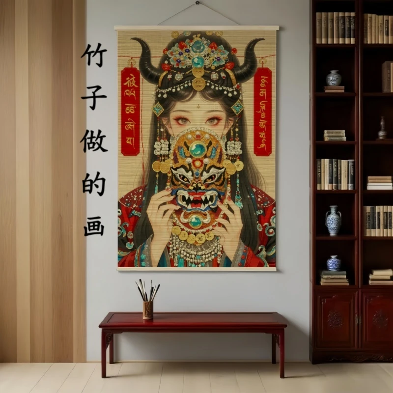 藏族女财神竹编工艺画玄关客厅走廊免打孔装饰竹子挂画招财进宝