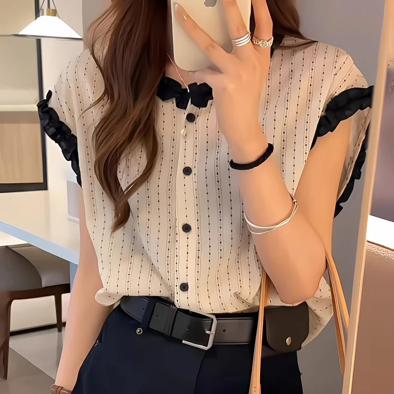 M522韩系条纹衬衫女无袖上衣夏季新款木耳边衬衣小个子无袖小衫潮