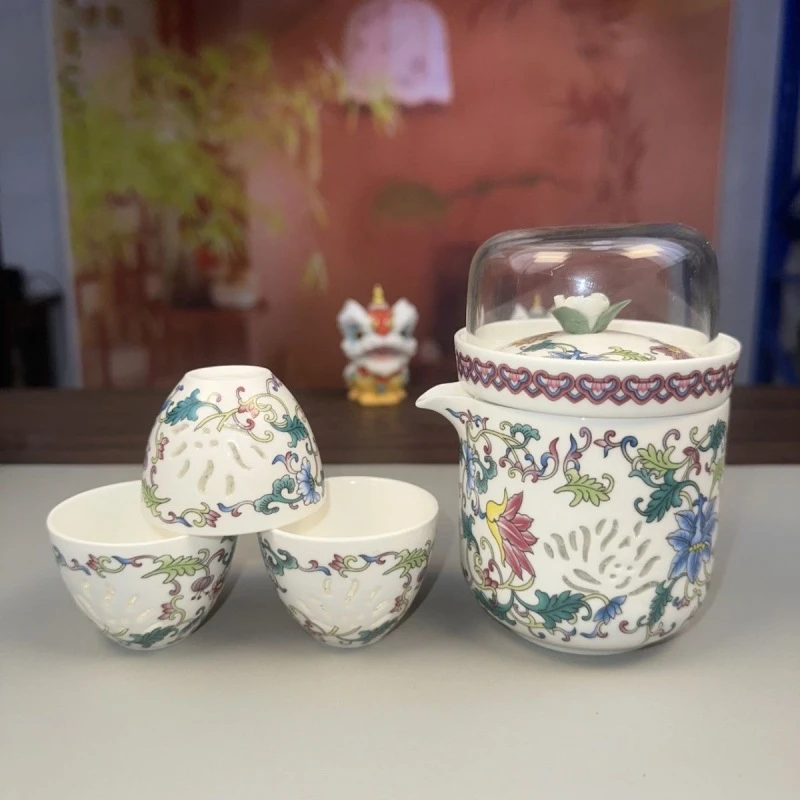 （益昇窑）缠枝莲白珐琅彩车载旅行茶具232便携式茶杯快客杯