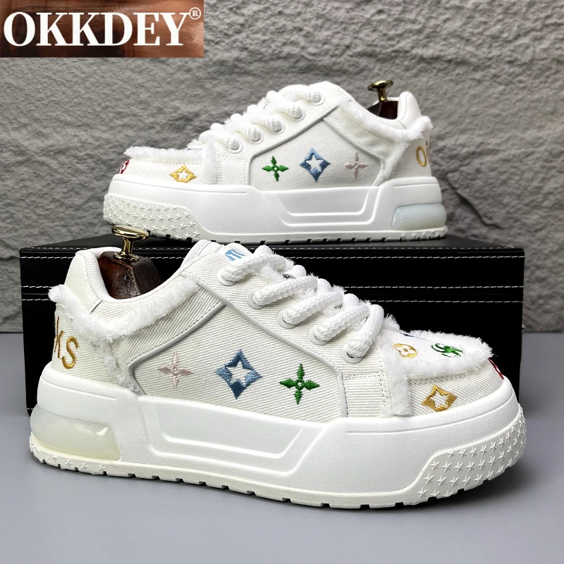 okkdey潮流厚底百搭小白鞋时尚男士休闲鞋刺绣低帮刺绣运动板鞋