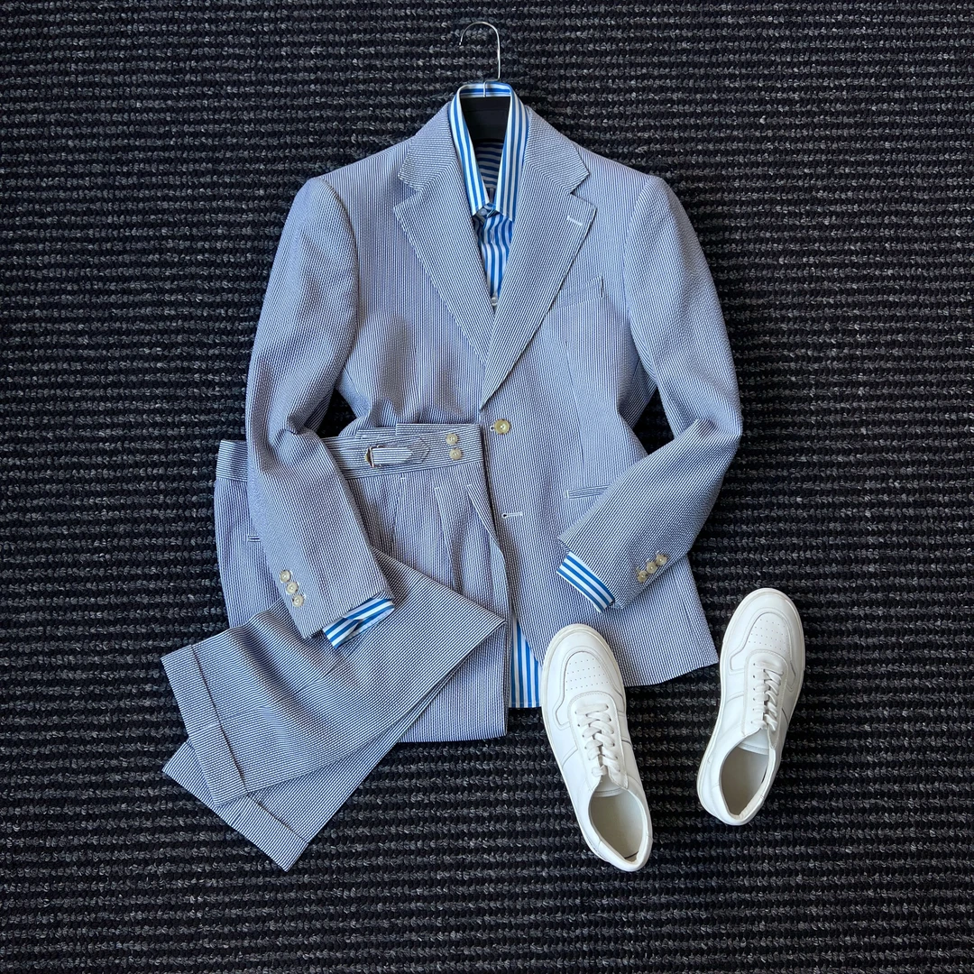 CssuGent那不勒斯皇后戗驳领泡泡纱条纹西服男无结构半里衬西装潮