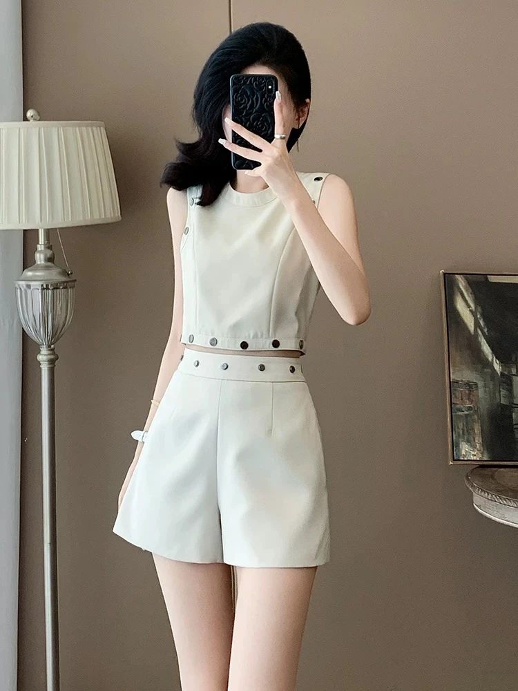 夏季时尚轻奢法式御姐小香风套装洋气无袖背心上衣短裤休闲两件套