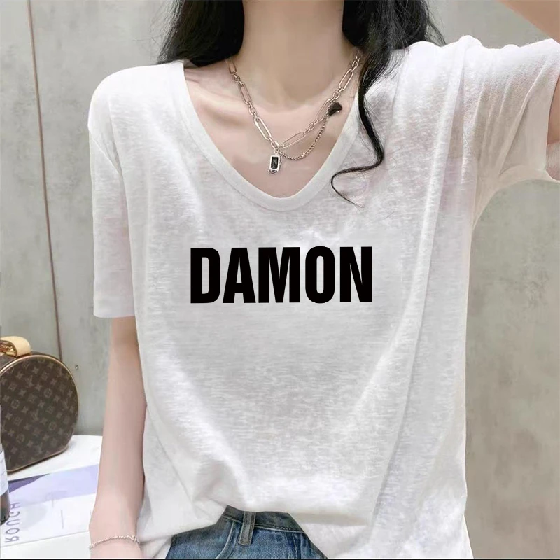 小众V领雪花棉短袖t恤女士夏季新款百搭通勤上衣宽松胖mm体恤衫