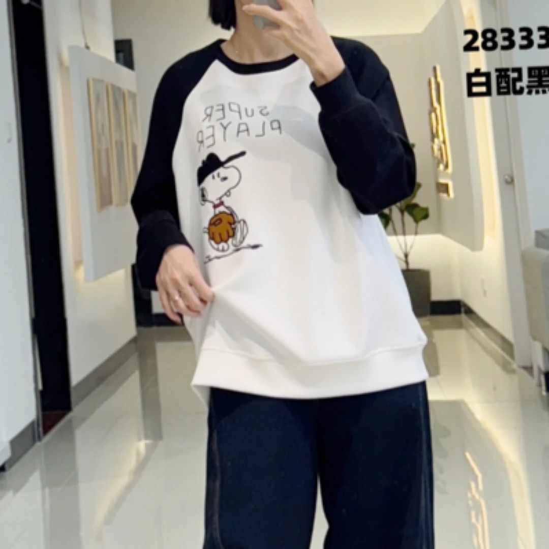 锦弘相依28333长袖拼色极简风T恤春款减龄圆领女士套头假两件撞色