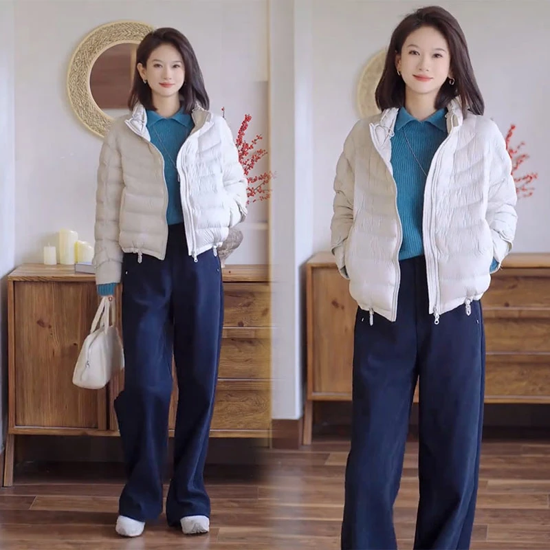 韩版通勤气质翻领长袖针织衫秋冬季三件套百搭棉服外套高腰直筒裤