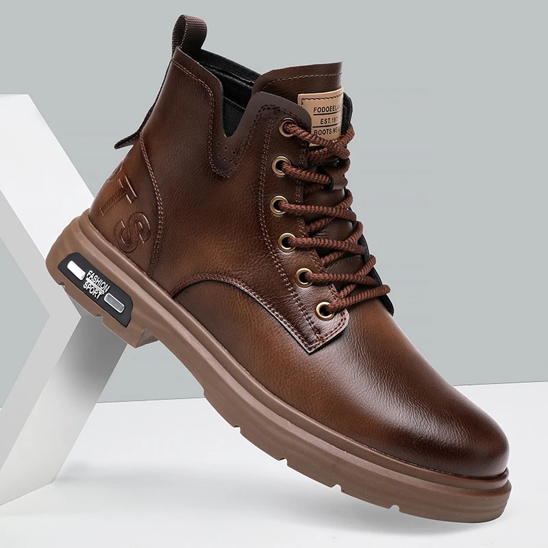 新款男士高帮鞋保暖加绒真皮工装靴棕色大黄靴美式复古马丁靴男款