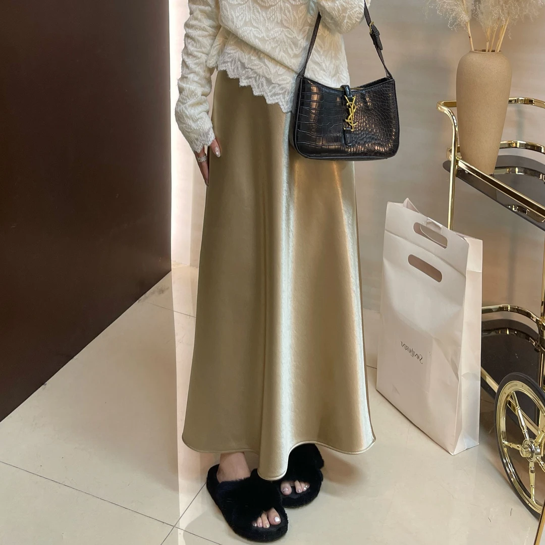 韩版冬季加绒半身裙缎面A字高腰侧拉链千金风显瘦百搭