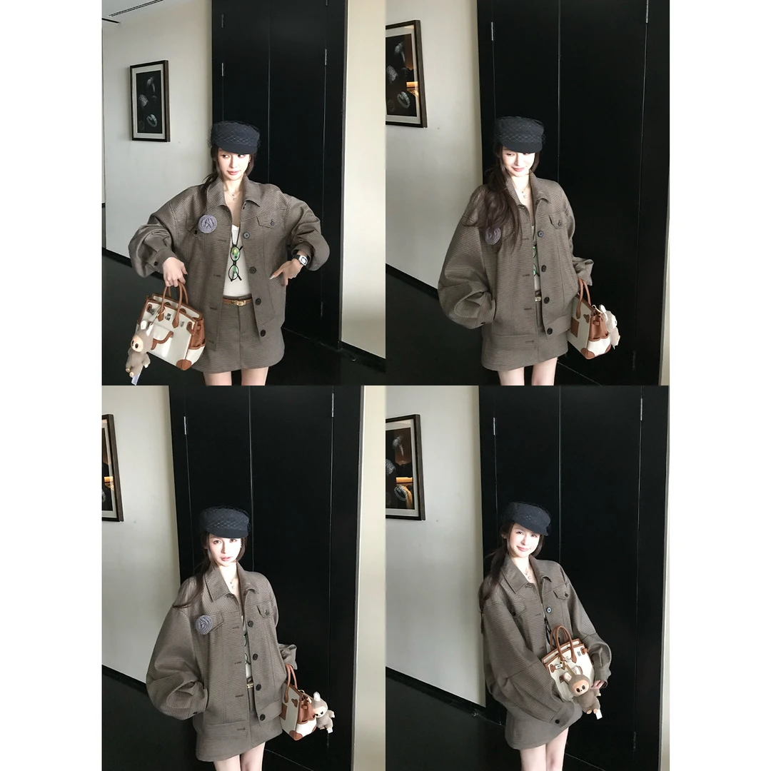 SKK“时髦书呆子”秀场趋势新游牧风 320G复古英伦格纹夹克外套套装