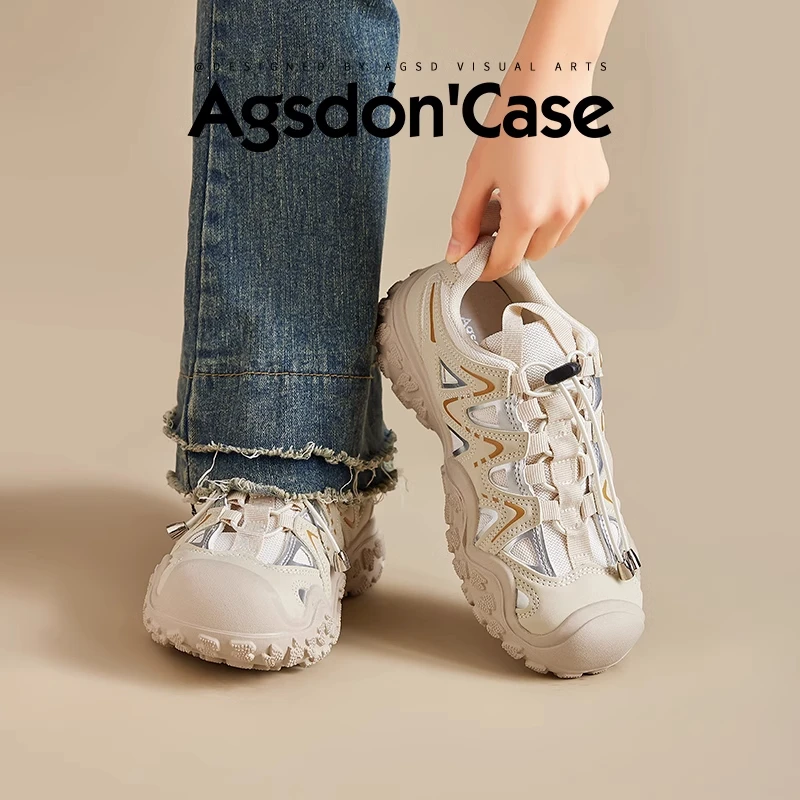 奥古狮登户外徒步登山鞋女2025春季新款女鞋老爹鞋厚底运动小白鞋