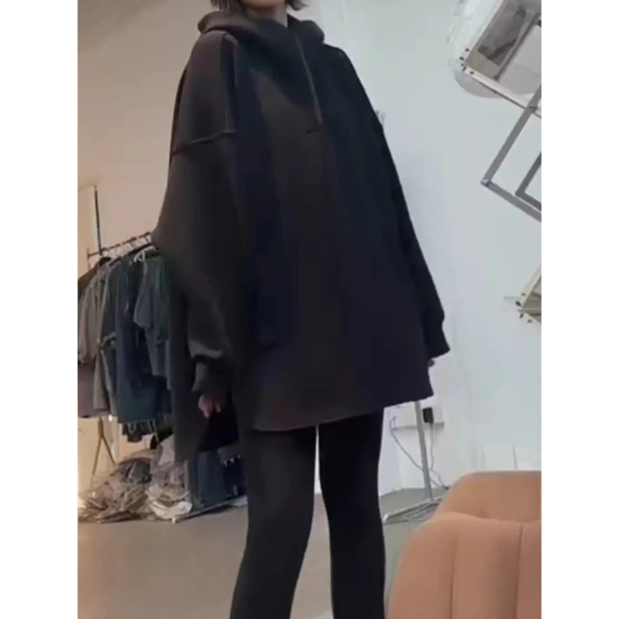 欧货慵懒风半开领连帽卫衣女春秋2025新款中长款大版休闲宽松上衣
