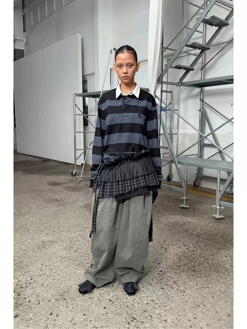 OPENYY百搭撞色条纹POLO领拼接休闲宽松长袖T恤上衣