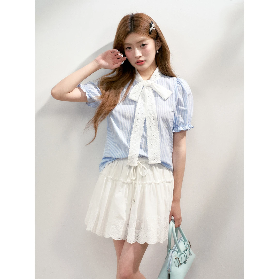 16DEWS 2025SS 夏日雏菊 泡泡袖立领蝴蝶结短袖衬衫