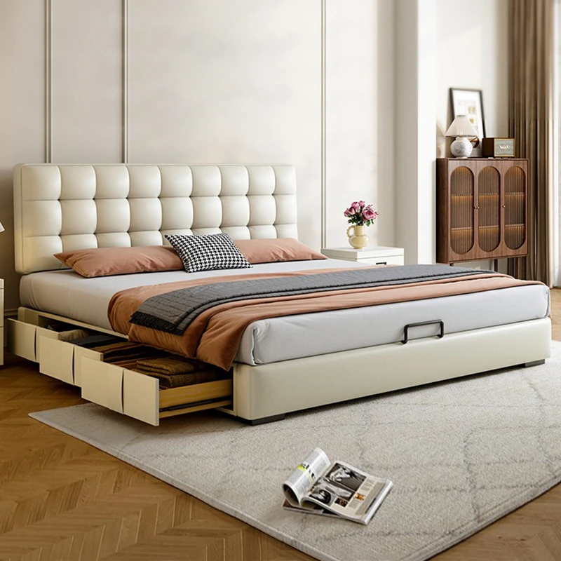 华夫格简约齐边软靠皮艺床主卧室可调节双人床家用皮床轻奢大床