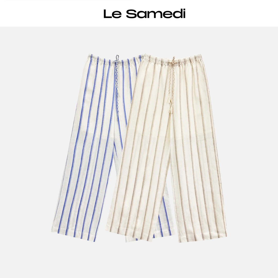 Le Samedi【南法半闲时】老钱亚麻 手编抽绳度假风撞色条纹阔腿裤