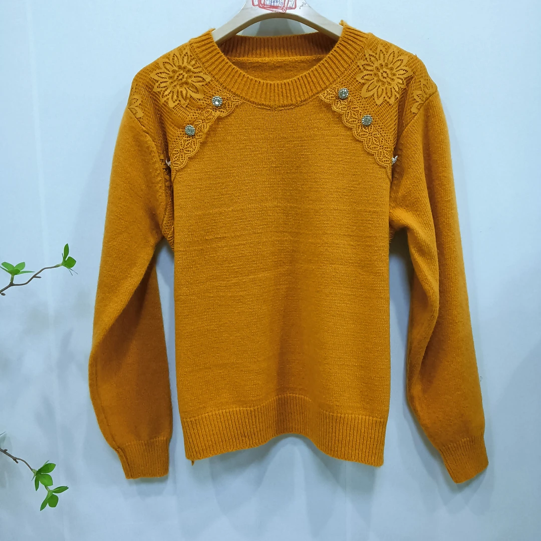 HY0412【品牌撤柜 轻奢定制】时尚圆领肩膀蕾丝橙色毛衣