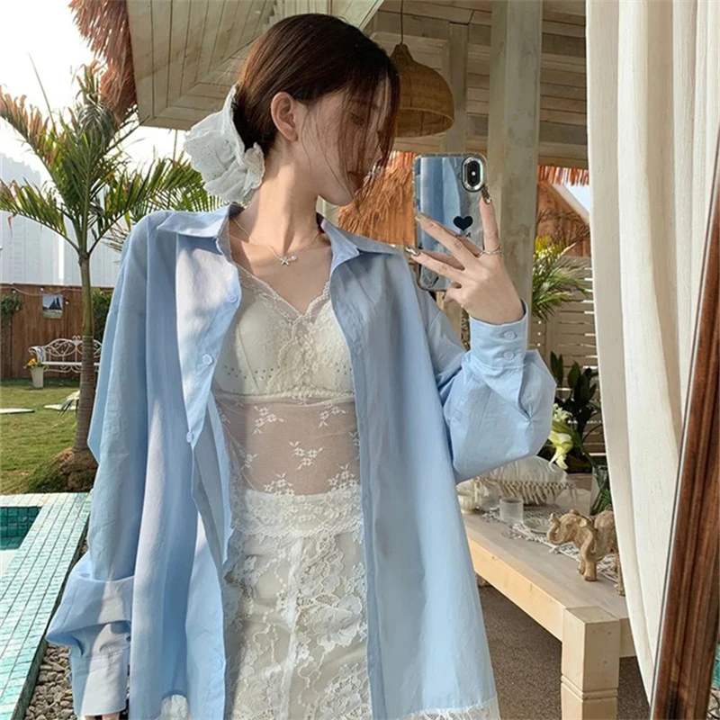 蕾丝拼接polo领衬衫外套女春季长袖宽松防晒衬衣蓝色气质开衫上衣