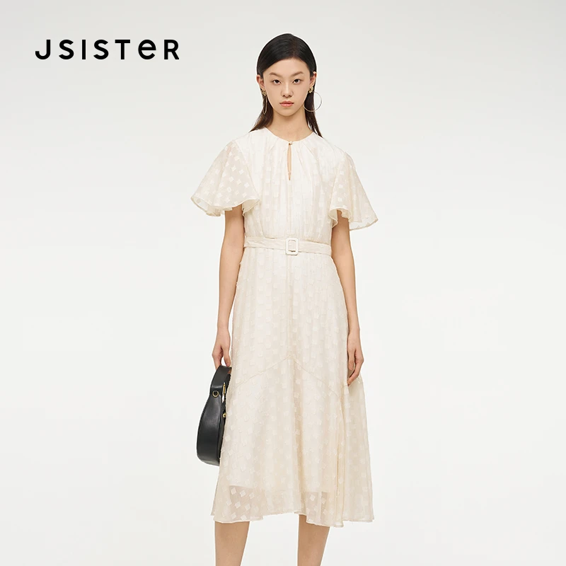 jsister夏装新款 JS女装时尚法式设计感米色气质连衣裙