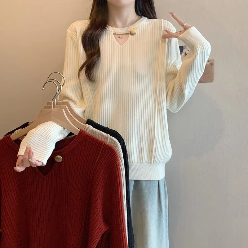 秋冬季新款微胖大码女装遮肉显瘦长袖针织打底衫洋气减龄内搭毛衣