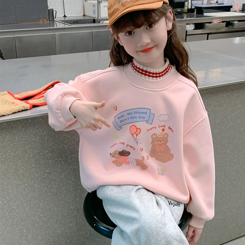 女童秋装卫衣2025新款儿童洋气女孩秋冬季加绒加厚半高领小熊上衣