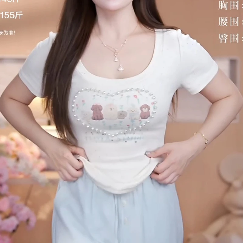 【小狗珍珠T】2025日系甜妹卡通钉珠方圆领弹力短袖上衣LK2503113