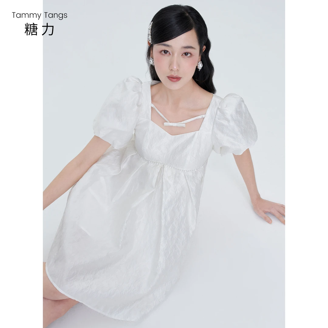 【若谷专属】糖力小白裙娃娃裙泡泡袖提花连衣裙