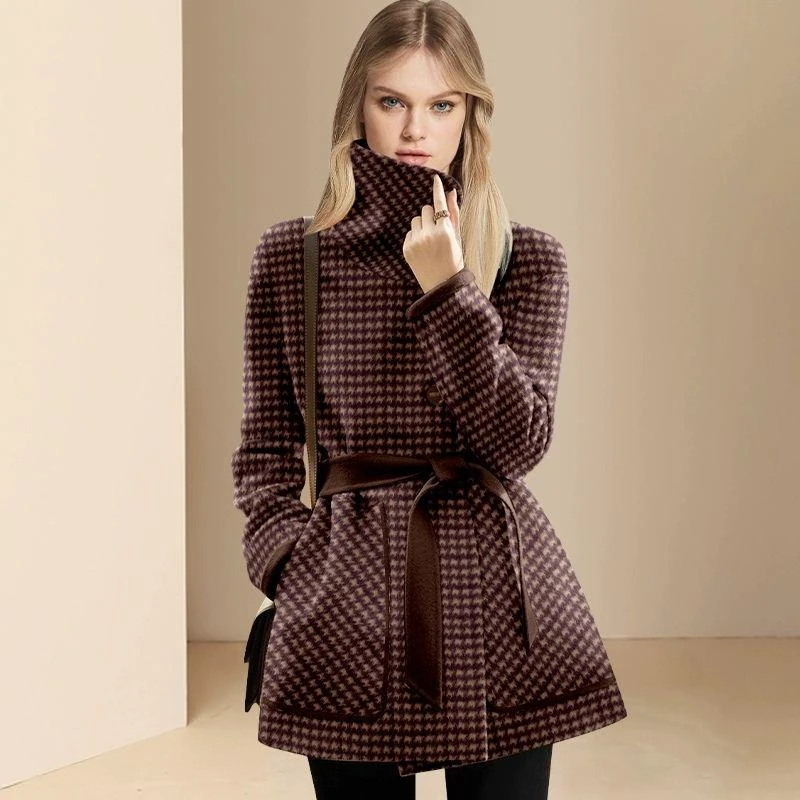 轻奢气质高领呢子大衣女2025冬季新款时尚千鸟格中长款毛呢外套潮