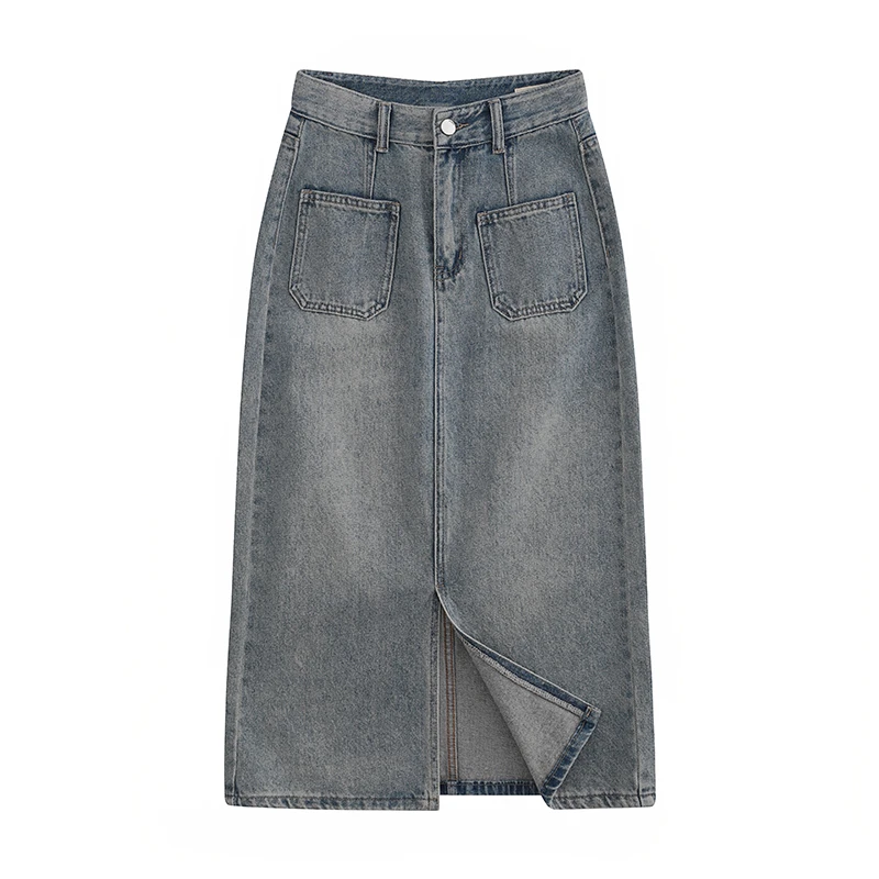 艾格复古高腰开叉牛仔半身裙女2025年春季新款小个子a字包臀长裙