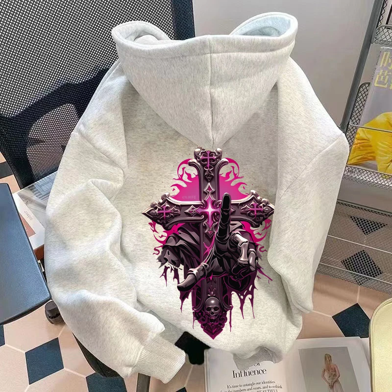 重磅加绒加厚连帽卫衣宽松双层帽欧美暗黑十字男女同款男装秋冬季
