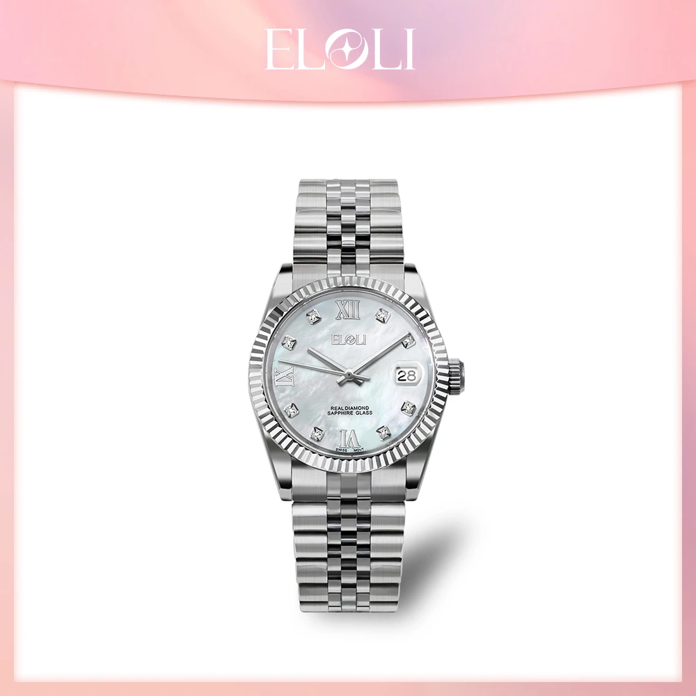 Eloli2025新款 贝母表盘钢带石英女士腕表EL-1413E