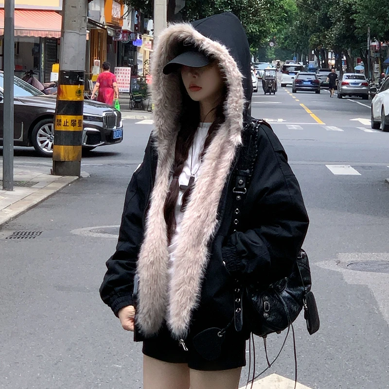 座山雕2025冬季短款cleanfit保暖加厚情侣款毛领棉衣外套