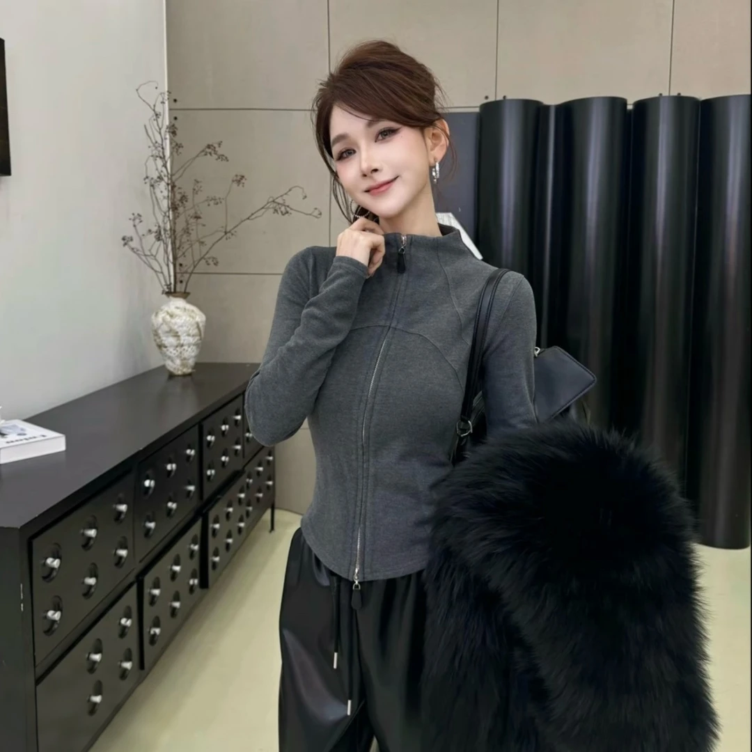 卡卡女装秋冬韩版双面膨体暖绒立领单穿卫衣纯色百搭打底衫外套女