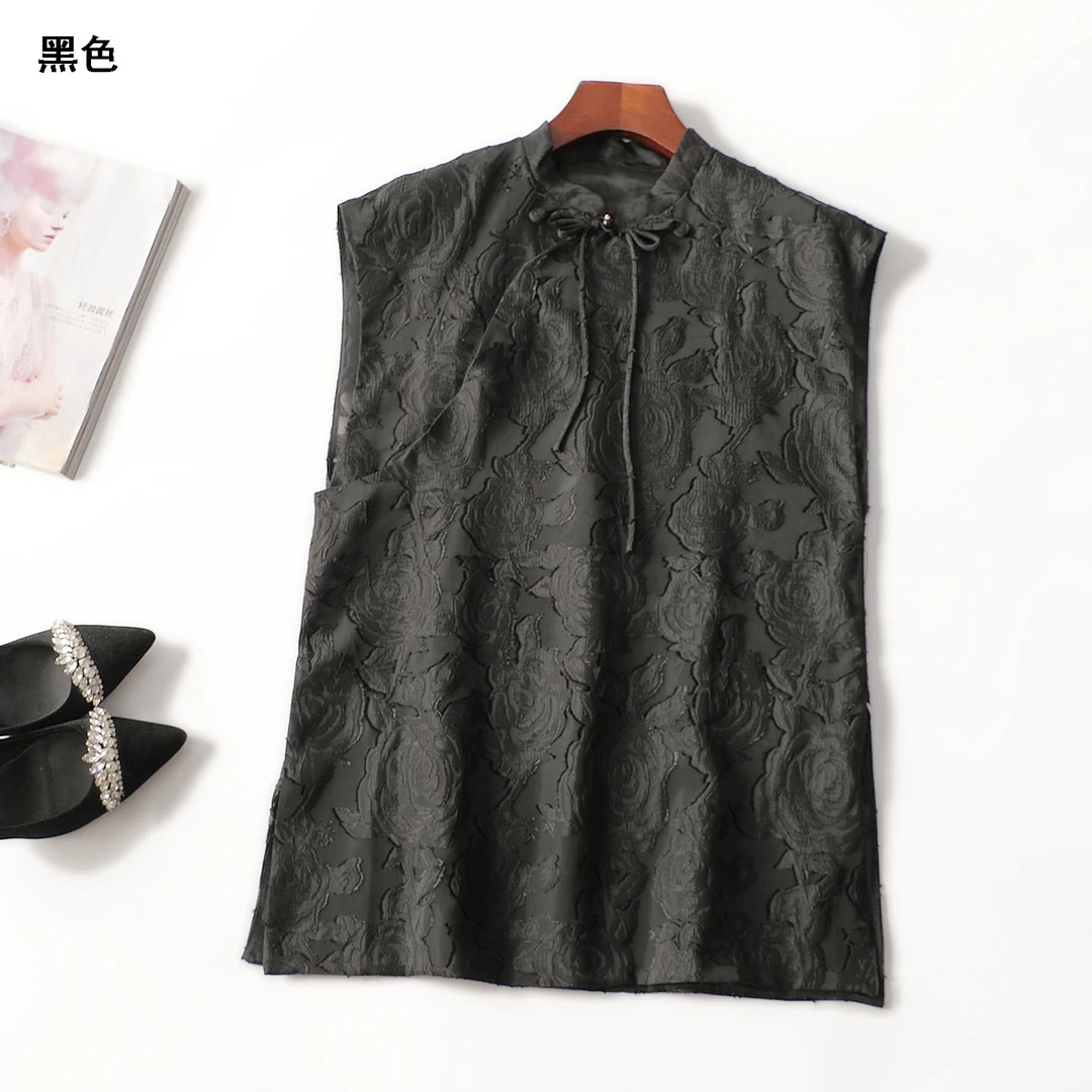 246356夏中长款无袖套头上衣夏季黑色立领背心中国风新中式民族风