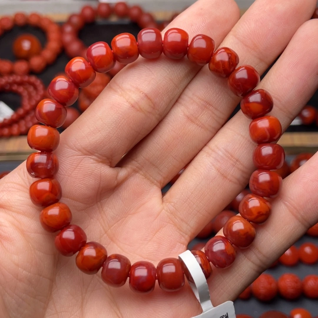 南红玛瑙未镶嵌手串H8mm顶品满肉牛血火焰老型手串
