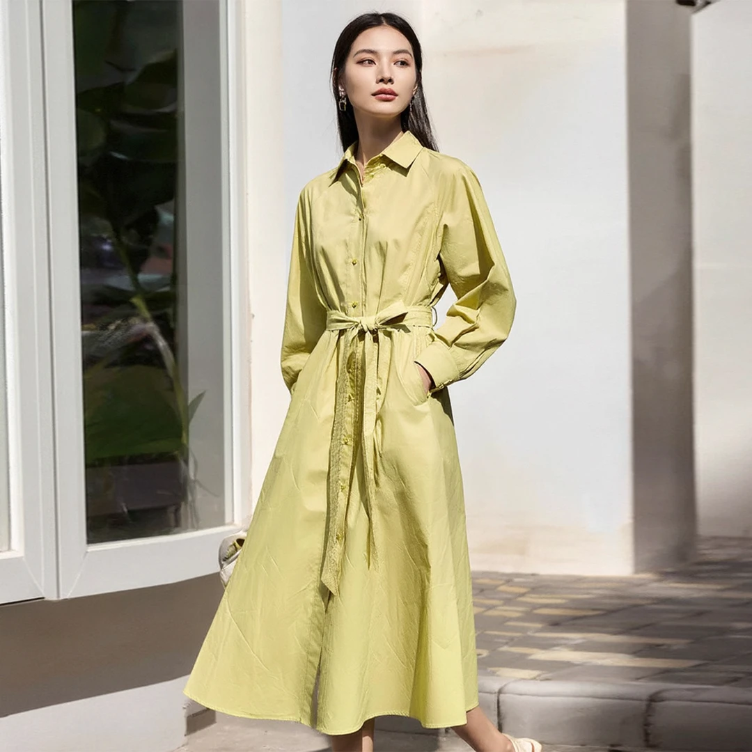 【TA】纯棉洋气通勤收腰翻领衬衫裙2025秋季新款七号铺撤柜女装
