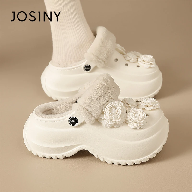 卓诗尼6CM增高加绒加厚女防滑棉拖鞋2025冬季新款厚底云朵洞洞鞋