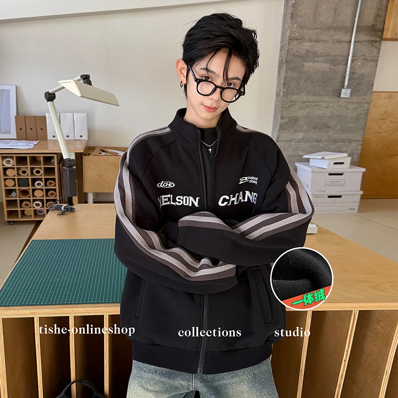 男童加绒外套秋冬款青少年加厚条纹开衫新款冬装中大童休闲上衣潮