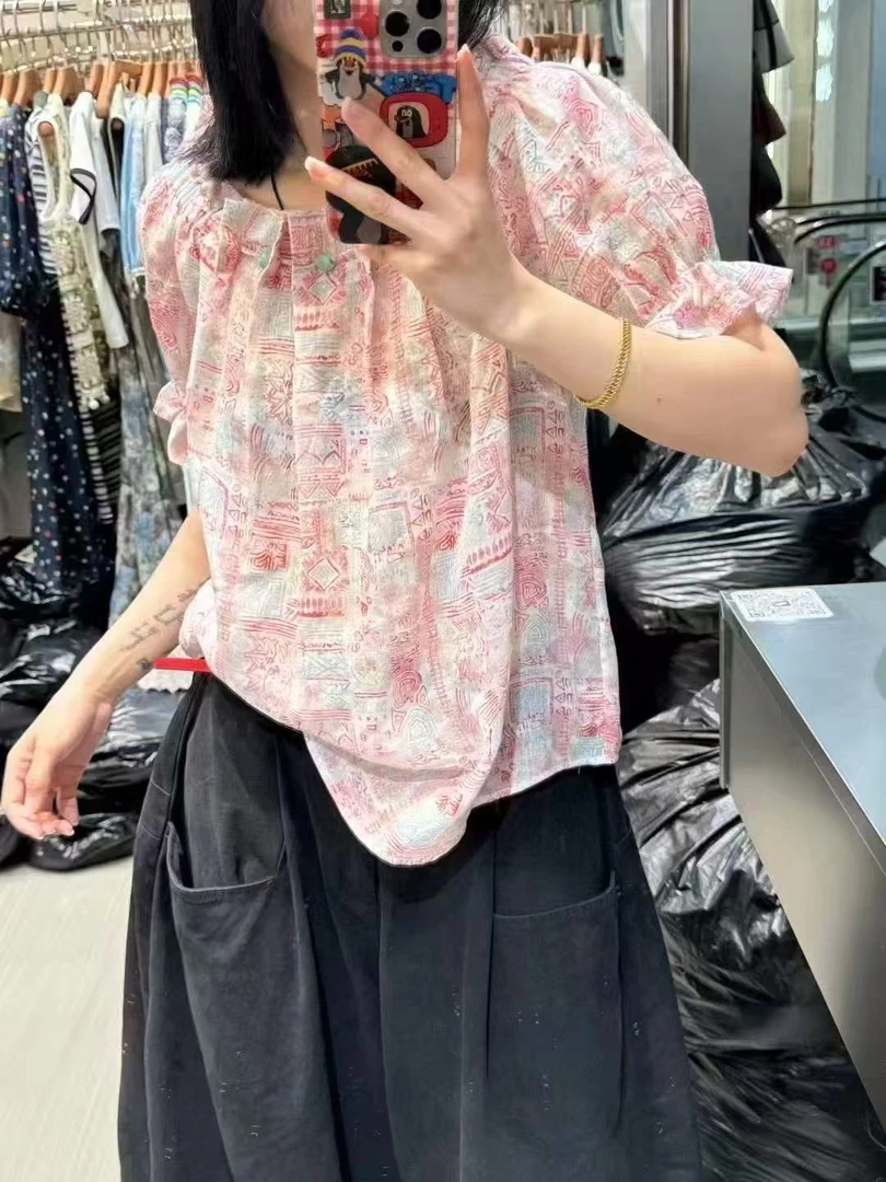 【BAI】设计感法式减龄碎花短袖衬衫25338