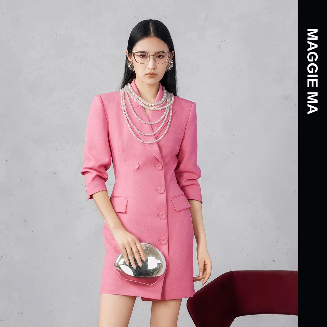 MAGGIE MA马婧设计师款粉色柔美浪漫氛围修身通勤连衣裙313C