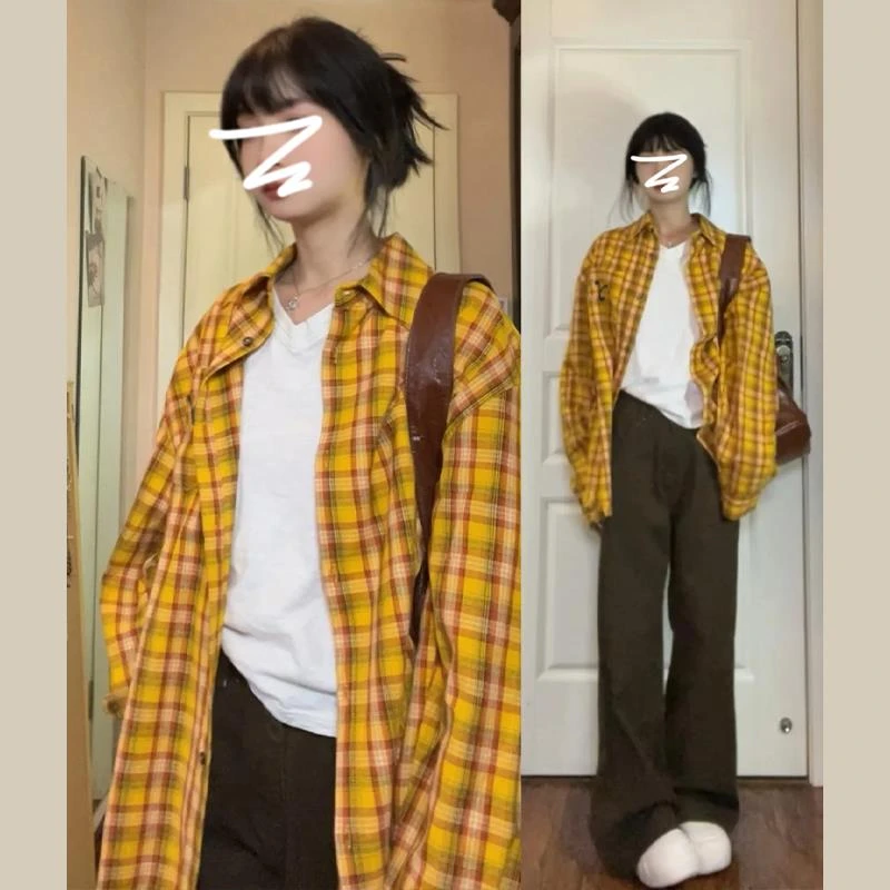 美式复古黄色格子衬衫外套女早春装2025新款独特别致中长款衬衣潮