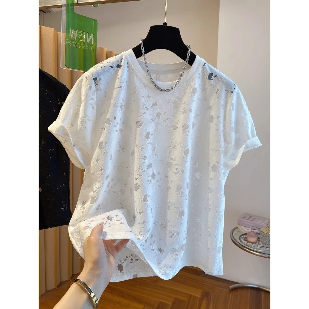 大码显瘦胖mm韩系镂空t恤女短袖欧货设计感宽松漂亮超好看上